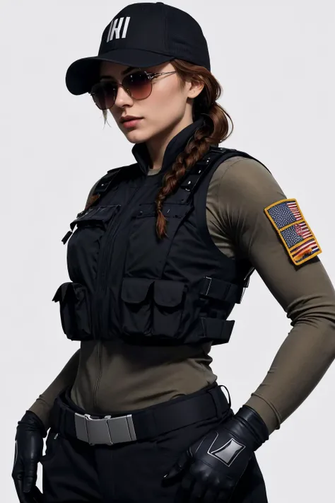 (masterpiece, best quality:1.2), 1girl, solo, looking at viewer, breasts, <lora:ashrss:1>, ashrss, uniform, hat, single braid, sunglasses, bulletproof vest, pants, gloves, vest, tactical clothes, simple background, white background, long sleeves,