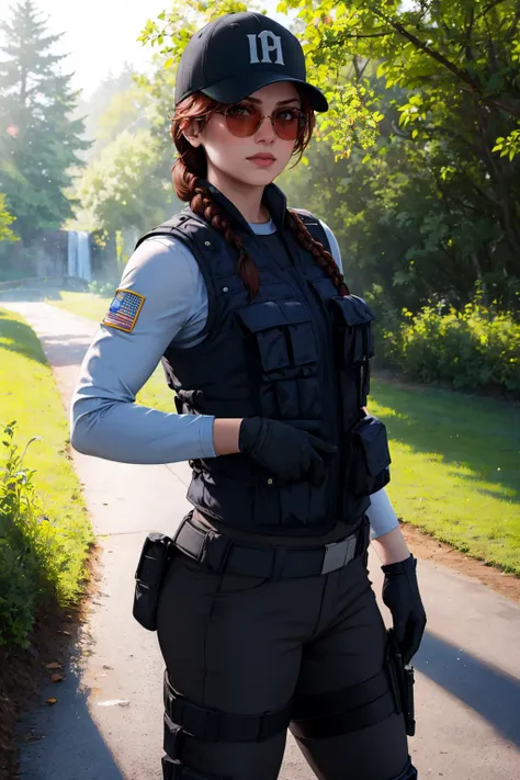 masterpiece, best quality, 1girl, solo, looking at viewer, breasts, outdoors, lens flare, depth of field, light particles, <lora:ashrss:1> ashrss, uniform, hat, single braid, sunglasses, bulletproof vest, pants, gloves, vest, tactical clothes, long sleeves