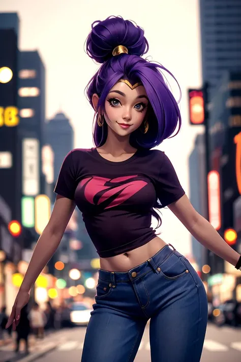 centered, award winning upper body portrait, cowboy shot, (looking at viewer:1.2), | solo, standing, smile, Shantae, harem pants, , tshirt, denim jeans, | city, urban scenery, city lights,| bokeh, depth of field, cinematic composition, | dynamic pose, <lora:Shantae:0.8>