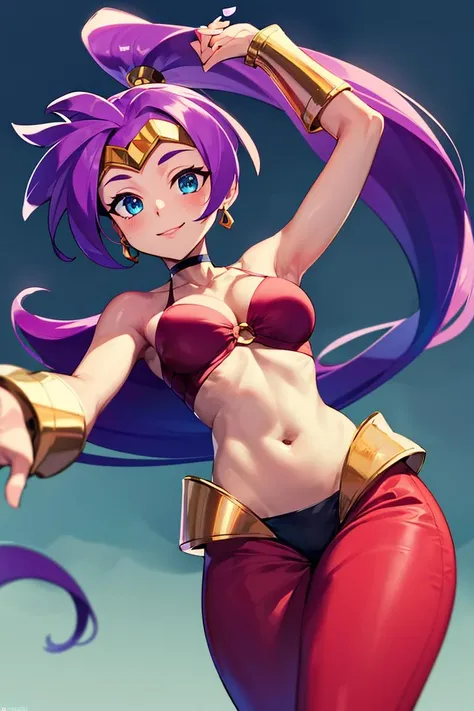 ((masterpiece,best quality)), absurdres, <lora:Shantae:0.7>, Shantae,harem pants, , solo, smiling, looking at viewer, cowboy shot, cinematic composition, dynamic pose