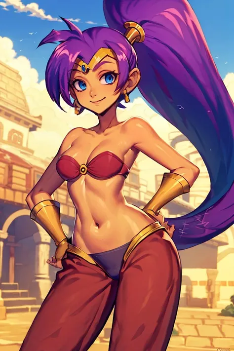<lora:Genzoman_Style_Dim64:0.6>,((masterpiece,best quality)), absurdres, <lora:Shantae_v2:0.8>, Shantae, harem pants, crop top, strapless, ponytail, solo, smiling, looking at viewer, cowboy shot, contrapposto, hand on hip,
