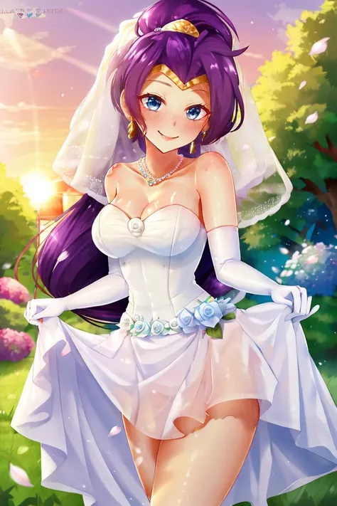 <lora:Puppypaww_Style:0.8>,((masterpiece,best quality)), absurdres, <lora:Shantae_v2:0.8>, Shantae,  solo, smiling,  bride, wedding dress, bridal veil, strapless dress, elbow gloves, white rose, pearl necklace, outdoors, garden, grass, bush, sunset, hydrangea, skirt lift, blush, smug