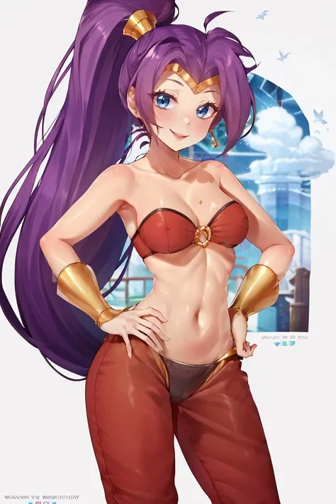 <lora:Puppypaww_Style:0.8>,((masterpiece,best quality)), absurdres, <lora:Shantae_v2:0.8>, Shantae, harem pants, crop top, strapless, ponytail, solo, smiling, looking at viewer, cowboy shot, contrapposto, hand on hip,