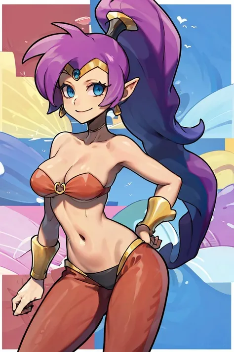 <lora:Sugimori_Ken_Style_v2:0.8>,((masterpiece,best quality)), absurdres, <lora:Shantae_v2:0.8>, Shantae, harem pants, crop top, strapless, long hair, ponytail, solo, smiling, looking at viewer, cowboy shot, contrapposto, hand on hip,
