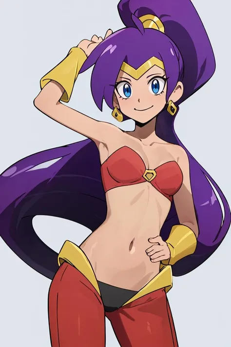 <lora:Alola_Style:0.65>,
((masterpiece,best quality)), absurdres, <lora:Shantae_v2:0.8>, Shantae, harem pants, crop top, strapless, ponytail, solo, smiling, looking at viewer, cowboy shot, contrapposto, hand on hip,