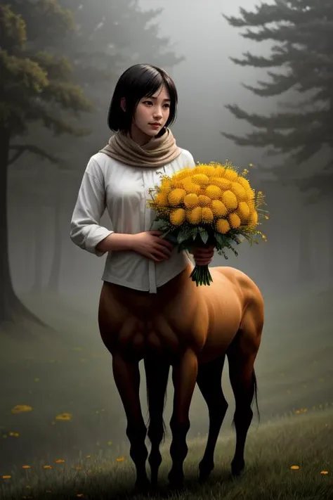 centaurcpt, solo, 1girl, fingersmile, own hands together, foggy atmosphere, Craspedia \(flower\), floral background <lora:centaur_cpt_v01:1>