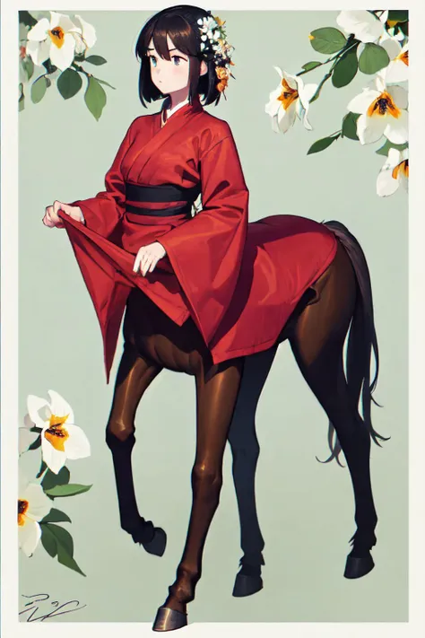 centaurcpt, solo, 1girl, furrowed brow, walking, dim light, Iris \(flower\), floral background <lora:centaur_cpt_v01:1>