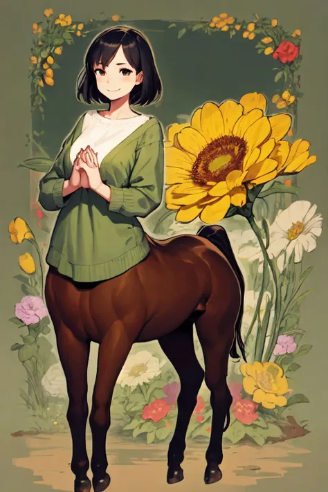 centaurcpt, solo, 1girl, fingersmile, own hands together, foggy atmosphere, Craspedia \(flower\), floral background <lora:centaur_cpt_v01:1>