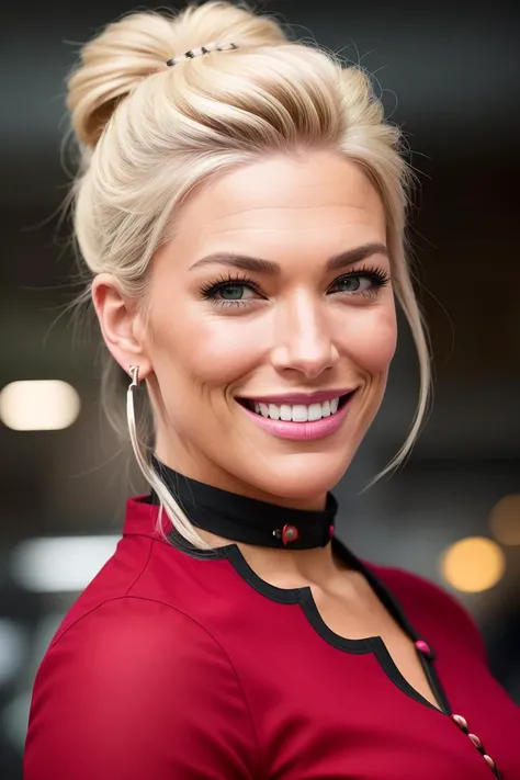 photo of beautiful (w4dd1ngh4m:0.99), a woman as a TikTok celebrity, hair upsweep updo, (red long sleeve top:1.2), (long trousers), choker, at the airport, suitcase, dark moody ambience (masterpiece:1.2) (photorealistic:1.2) (bokeh) (best quality) (detailed skin:1.2) (intricate details) (nighttime) (8k) (HDR) (cinematic lighting) (sharp focus), (looking at the camera:1.1), (closeup portrait:1.1), earrings, (grin512)