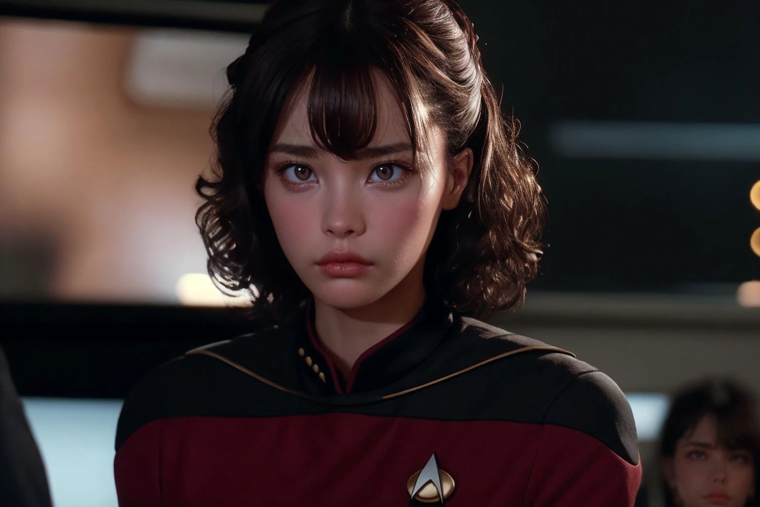 35mm action still frame of young female ensign <lora:ichika_matsum_lora:1>, facing viewer, beautiful girl, perfect face, cute, perfect dark brown eyes, s3stngunf uniform, red and black uniform, determined facial expression, authoritative, (confident woman:1.2), closed mouth, pouty lips, curly hair, teased hair, star trek enterprise ship interior location, movie still during action sequence, <lora:totalrecallstyle_lora:0.25>, t0talr3call, film screencap, Zeiss Super Speed Lens, medium shot, upper two thirds body view, star trek consoles in the background, (HDR:1.2), (dark:1.2), (moody:1.1), (atmospheric:1.1), (film grain, high contrast, depth of field, (bokeh:1.3), ultra high res:1.1),(absurdres, intricate, photorealistic, masterpiece, ultra-detailed:1.1), <lora:STNGV3new:0.8>,