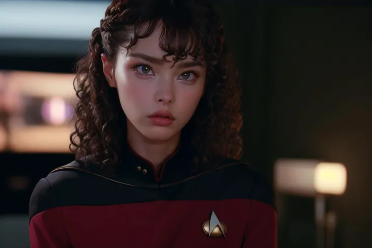 35mm action still frame of young female ensign <lora:ichika_matsum_lora:1>, beautiful girl, perfect face, cute, perfect dark brown eyes, s3stngunf uniform, red and black uniform, determined facial expression, authoritative, (confident woman:1.2), pouty lips, (curly hair:1.2), (perm hairdo:1.2), (80's hair aesthetic:1.1),  star trek enterprise ship interior location, movie still during action sequence, <lora:totalrecallstyle_lora:0.25>, t0talr3call, film screencap, Zeiss Super Speed Lens, medium shot, upper two thirds body view, facing viewer, touchscreens and futuristic consoles in the background, (HDR:1.2), (dark:1.2), (moody:1.1), (atmospheric:1.1), (film grain, high contrast, depth of field, (bokeh:1.3), ultra high res:1.1),(absurdres, intricate, photorealistic, masterpiece, ultra-detailed:1.1),  <lora:STNGV3new:0.8>,