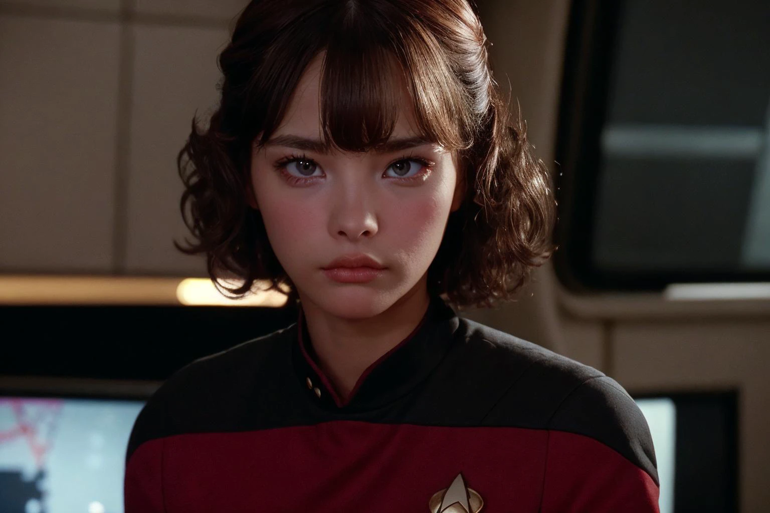35mm action still frame of young female ensign <lora:ichika_matsum_lora:1>, facing viewer, beautiful girl, perfect face, cute, perfect dark brown eyes, s3stngunf uniform, red and black uniform, determined facial expression, authoritative, (confident woman:1.2), closed mouth, pouty lips, curly hair, teased hair, star trek enterprise ship interior location, movie still during action sequence, <lora:totalrecallstyle_lora:0.25>, t0talr3call, film screencap, Zeiss Super Speed Lens, medium shot, upper two thirds body view, star trek consoles in the background, (HDR:1.2), (dark:1.2), (moody:1.1), (atmospheric:1.1), (film grain, high contrast, depth of field, (bokeh:1.3), ultra high res:1.1),(absurdres, intricate, photorealistic, masterpiece, ultra-detailed:1.1), <lora:STNGV3new:0.8>,