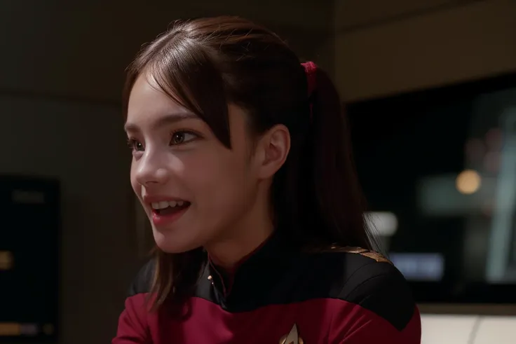 35mm action still frame of young female ensign <lora:ichika_matsum_lora:1>, beautiful girl, detailed face, happy, delighted, perfect dark brown eyes, s3stngunf uniform, red and black uniform, tied back hair, star trek enterprise ship interior location, movie still during action sequence, <lora:totalrecallstyle_lora:0.25>, t0talr3call, film screencap, Zeiss Super Speed Lens, medium shot, upper two thirds body view, facing viewer, touchscreens and futuristic consoles in the background, (HDR:1.2), (dark:1.2), (moody:1.1), (atmospheric:1.1), (film grain, high contrast, depth of field, (bokeh:1.3), ultra high res:1.1),(absurdres, intricate, photorealistic, masterpiece, ultra-detailed:1.1),  <lora:STNGV3new:0.8>,