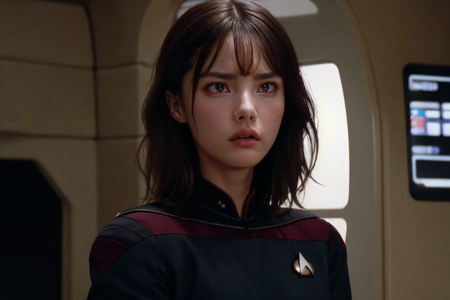 35mm still frame of young female ensign <lora:ichika_matsum_lora:1>, an attractive fresh young woman,s3stngunf uniform, intense facial expression, emotive, tense, stress, star trek enterprise ship interior location, ST_B_Enterprise, movie still during action sequence, <lora:totalrecallstyle_lora:0.25>, t0talr3call, film screencap, Zeiss Super Speed Lens, HDR, dark, moody, atmospheric, (film grain, depth of field, bokeh, ultra high res:1.1),(absurdres, intricate, photorealistic, masterpiece, ultra-detailed:1.1), <lora:STNGV3new:0.8>, <lora:ST_B_Enterprise:0.25>
