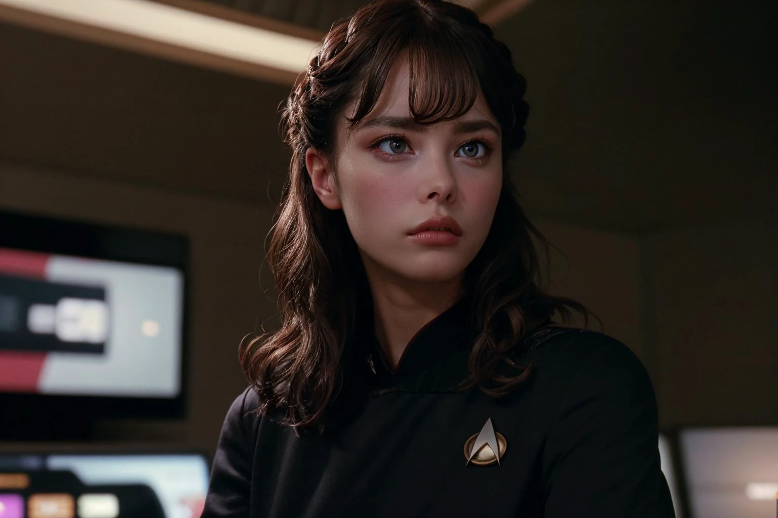 35mm action still frame of young female ensign <lora:ichika_matsum_lora:1>, beautiful girl, perfect face, cute, perfect dark brown eyes, s3stngunf uniform, red and black uniform, determined facial expression, authoritative, (confident woman:1.2), closed mouth, pouty lips, curly hair, (perm hairdo:1.2), 80's hair aesthetic, star trek enterprise ship interior location, movie still during action sequence, <lora:totalrecallstyle_lora:0.25>, t0talr3call, film screencap, Zeiss Super Speed Lens, medium shot, upper two thirds body view, facing viewer, touchscreens and futuristic consoles in the background, (HDR:1.2), (dark:1.2), (moody:1.1), (atmospheric:1.1), (film grain, high contrast, depth of field, (bokeh:1.3), ultra high res:1.1),(absurdres, intricate, photorealistic, masterpiece, ultra-detailed:1.1), <lora:STNGV3new:0.8>,