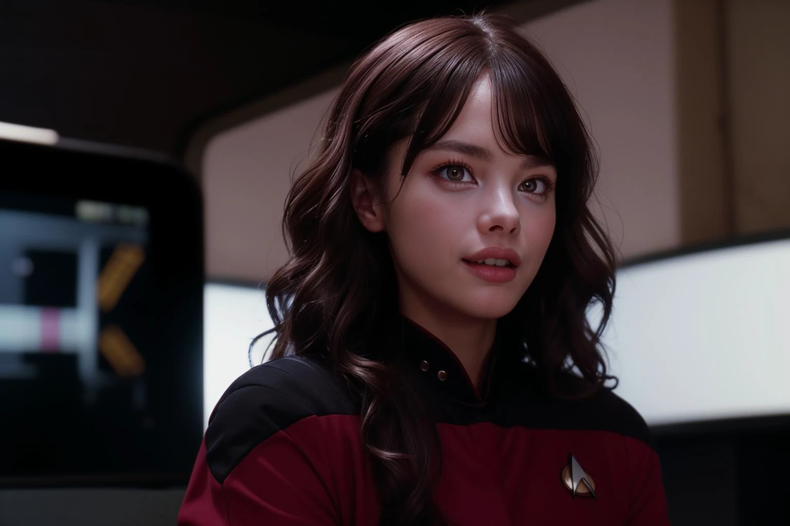 35mm action still frame of young female ensign <lora:ichika_matsum_lora:1>, beautiful girl, detailed face, happy, delighted, perfect dark brown eyes, s3stngunf uniform, red and black uniform,(wavy hair:1.2), star trek enterprise ship interior location, movie still during action sequence, <lora:totalrecallstyle_lora:0.25>, t0talr3call, film screencap, Zeiss Super Speed Lens, medium shot, upper two thirds body view, facing viewer, touchscreens and futuristic consoles in the background, (HDR:1.2), (dark:1.2), (moody:1.1), (atmospheric:1.1), (film grain, high contrast, depth of field, (bokeh:1.3), ultra high res:1.1),(absurdres, intricate, photorealistic, masterpiece, ultra-detailed:1.1), <lora:STNGV3new:0.8>,