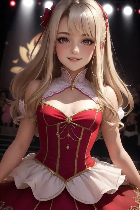 SFW, <lora:illya2:0.8>, illya, highres, masterpiece, best quality, detailed, perfect lighting, intricate details, upper body, (perfect anatomy:1.3), beautiful highly detailed face, 8k, hdr, cinematic lighting, highly detailed skin, perfect skin, looking at viewer, (RSEEmma:1.3), <lora:RSERomantic_RSESofiko_RSEEmma-v1:0.3>,1girl, blonde hair, (red eyes:1.4), live stage pink idol dress, pleated skirt, smile, happy, illya, flat chest