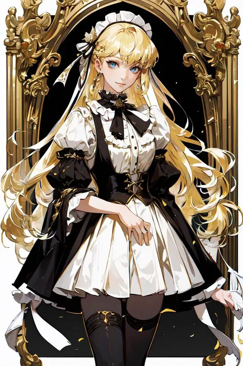 ultra detailed, masterpiece, best quality,
solo,
cowboy shot,
facing viewer,
soft smile, light smile,
1girl, blue eyes, very long hair, blonde hair, long blonde hair, french braid, bangs, medium breasts,
hair ribbon, frilled choker, criss-cross halter, sleeveless dress, high-waist skirt, backless dress, waist bow, detached sleeves, frilled sleeves, wide sleeves, pantyhose, patterned legwear, mary janes, <lora:pilyeon_style:0.85> pilyeon style,