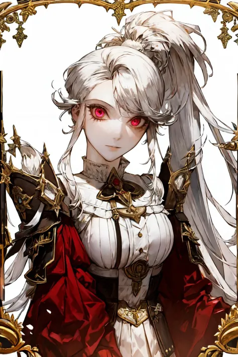 pilyeon style,1girl,solo,upper body, large breasts, long hair, ponytail, white hair, looking at viewers , red eyes<lora:pilyeon_style:1>
