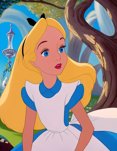 wxaliwonlan,<lora:aliceXL_0.0009_32_5000_3-000001:0.82>,1girl,solo,long hair,blue eyes,blonde hair,dress,having fun in a magical fantasy world ,alice (alice in wonderland),disney cartoon,masterpiece,best quality,(intricate details),highly detailed eyes,unique pose,dynamic pose,Salvadore Dali style ,