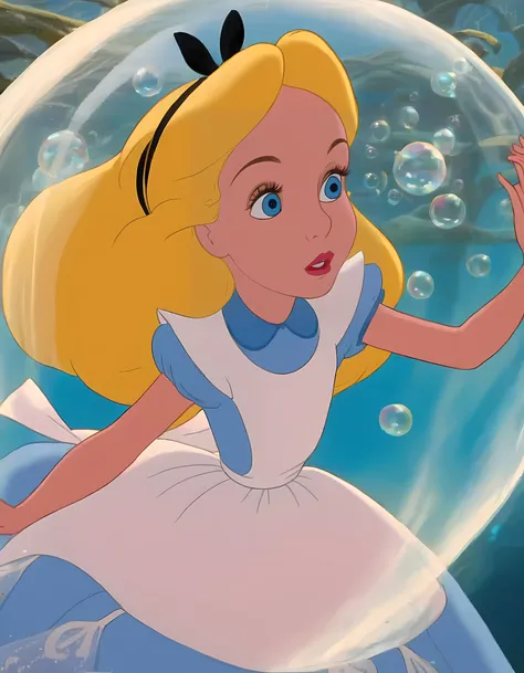 wxaliwonlan,<lora:aliceXL_0.0009_32_5000_3-000001:0.82>,1girl,solo,long hair,blue eyes,blonde hair,dress,trapped in a bubble underwater,alice (alice in wonderland),disney cartoon,masterpiece,best quality,(intricate details),highly detailed eyes,unique pose,dynamic pose,Salvadore Dali style ,