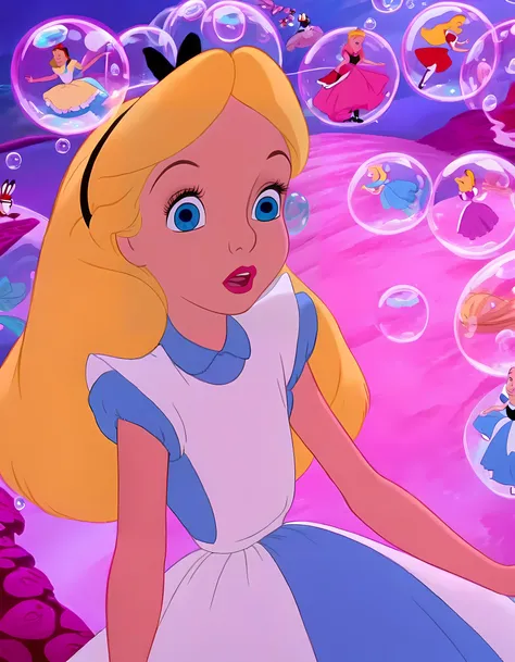 wxaliwonlan,<lora:aliceXL_0.0009_32_5000_3-000001:0.82>,1girl,solo,long hair,blue eyes,blonde hair,dress,trapped in a bubble underwater,alice (alice in wonderland),disney cartoon,masterpiece,best quality,(intricate details),highly detailed eyes,unique pose,dynamic pose,exaggerated angles and proportions ,