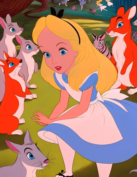 wxaliwonlan,<lora:aliceXL_0.0009_32_5000_3-000001:0.82>,1girl,solo,long hair,blue eyes,blonde hair,dress,surrounded by a pack of wild creatures ,alice (alice in wonderland),disney cartoon,masterpiece,best quality,(intricate details),highly detailed eyes,unique pose,dynamic pose,exaggerated angles and proportions ,
