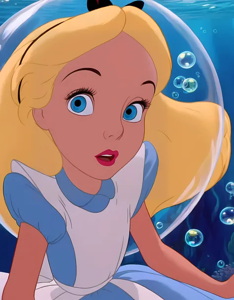 wxaliwonlan,<lora:aliceXL_0.0009_32_5000_3-000001:0.82>,1girl,solo,long hair,blue eyes,blonde hair,dress,trapped in a bubble underwater,alice (alice in wonderland),disney cartoon,masterpiece,best quality,(intricate details),highly detailed eyes,unique pose,dynamic pose,Salvadore Dali style ,