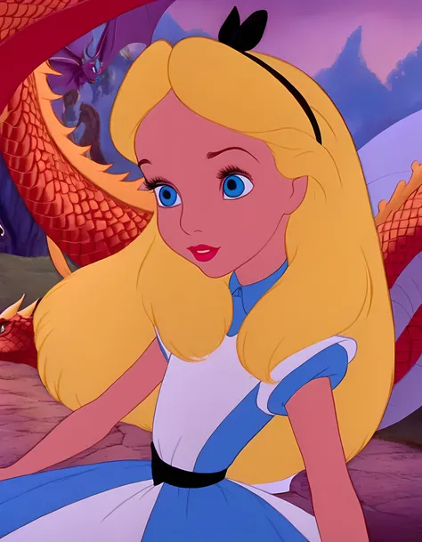 wxaliwonlan,<lora:aliceXL_0.0009_32_5000_3-000001:0.82>,1girl,solo,long hair,blue eyes,blonde hair,dress,standing in front of giant purple caterpillar,alice (alice in wonderland),disney cartoon,masterpiece,best quality,(intricate details),highly detailed eyes,unique pose,dynamic pose,35mm,anamorphic,lightroom,cinematography,film grain,HDR10,8k hdr,Steve McCurry,((cinematic)),RAW,color graded portra 400 film,remarkable color,raytracing,subsurface scattering,hyperrealistic,extreme skin details,skin pores,deep shadows,contrast ,