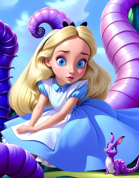 wxaliwonlan,<lora:aliceXL_0.0009_32_5000_3-000001:0.82>,1girl,solo,long hair,blue eyes,blonde hair,dress,standing in front of giant purple caterpillar,alice (alice in wonderland),disney cartoon,masterpiece,best quality,(intricate details),highly detailed eyes,unique pose,dynamic pose,Salvadore Dali style ,