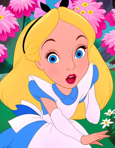 wxaliwonlan,<lora:aliceXL_0.0009_32_5000_3-000001:0.82>,1girl,solo,long hair,blue eyes,blonde hair,dress,having fun in a magical fantasy world ,alice (alice in wonderland),disney cartoon,masterpiece,best quality,(intricate details),highly detailed eyes,unique pose,dynamic pose,exaggerated angles and proportions ,