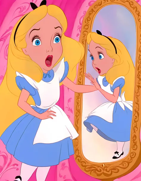 wxaliwonlan,<lora:aliceXL_0.0009_32_5000_3-000001:0.82>,1girl,solo,long hair,blue eyes,blonde hair,dress,making silly faces in the mirror,alice (alice in wonderland),disney cartoon,masterpiece,best quality,(intricate details),highly detailed eyes,unique pose,dynamic pose,exaggerated angles and proportions ,