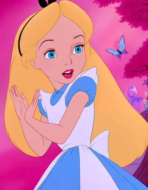 wxaliwonlan, 1girl, solo, long hair, blue eyes, blonde hair, alice (alice in wonderland), disney cartoon, masterpiece, best quality, upskirt view, front view, white panties, white stockings, hands lifting skirt