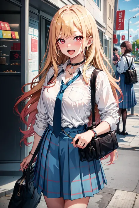 (((masterpiece))), MarinKitagawa, 1girl, long hair, looking at viewer, blush, smile, open mouth, skirt, blonde hair, large breasts, shirt, red eyes, 1boy, holding, cleavage, jewelry, school uniform, white shirt, :d, pleated skirt, earrings, outdoors, necktie, teeth, solo focus, choker, collared shirt, bag, blurry, bracelet, blue skirt, plaid, blurry background, black choker, plaid skirt, phone, piercing, cellphone, ear piercing, holding phone, school bag, blue necktie, tied shirt, bead bracelet, <lora:MarinKitagawa:0.7>