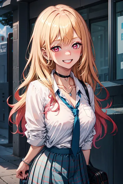 (((masterpiece))), MarinKitagawa, 1girl, solo, long hair, looking at viewer, blush, smile, skirt, blonde hair, large breasts, shirt, red eyes, cleavage, jewelry, school uniform, collarbone, white shirt, pleated skirt, earrings, necktie, choker, collared shirt, miniskirt, bag, nail polish, grin, bracelet, blue skirt, plaid, v, leaning forward, black choker, plaid skirt, piercing, ear piercing, pink nails, sleeves rolled up, school bag, blue necktie, tied shirt, gyaru, colored tips, v over eye, barbell piercing, <lora:MarinKitagawa:0.7>