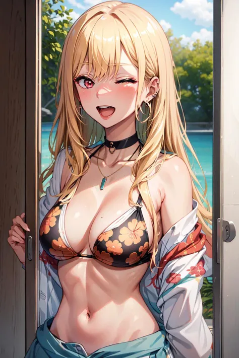 (((masterpiece))), MarinKitagawa, 1girl, solo, long hair, looking at viewer, blush, smile, open mouth, blonde hair, large breasts, shirt, red eyes, cleavage, jewelry, collarbone, swimsuit, upper body, bikini, earrings, one eye closed, open clothes, choker, indoors, necklace, open shirt, black bikini, black choker, piercing, floral print, ;d, ear piercing, sliding doors, gyaru, print bikini, <lora:MarinKitagawa:0.7>