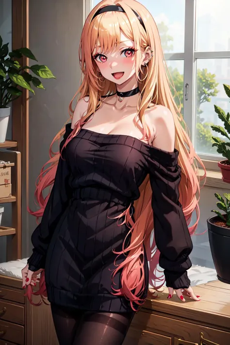 (((masterpiece))), MarinKitagawa, 1girl, solo, long hair, looking at viewer, blush, smile, open mouth, blonde hair, large breasts, red eyes, long sleeves, dress, cleavage, bare shoulders, jewelry, collarbone, pink hair, :d, pantyhose, cowboy shot, hairband, earrings, choker, indoors, off shoulder, nail polish, sweater, sleeves past wrists, black pantyhose, window, black choker, piercing, black hairband, plant, ear piercing, potted plant, off-shoulder sweater, red sweater, colored tips, <lora:MarinKitagawa:0.7>