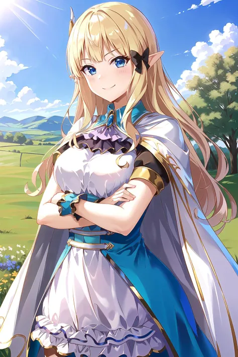 masterpiece, (best qulaity:1.3), 8K, wallpaper, depth of field, beautiful detailed eyes, (1girl, pcsaren, blonde hair, (elf, pointy ears), black bow, hair bow, medium breasts, dress, cape, looking at viewer, closed mouth, smile, smug, blue sky, countryside, crossed arms, standing) <lora:princessconnect_saren:0.9>