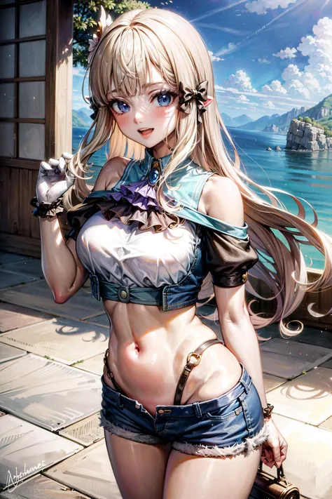 absurdres, (best quality), (masterpiece),(ultra-detailed:1.2),(highres),elaborate, baroque, wide shot, anime wallpaper, fantastic scenery,1girl, solo, sidelighting,
<lyco:princessconnect_saren-10:1.0>, pcsaren, blonde hair, blunt bangs, hair bow, hair ornament, gloves, <lora:edgAsianc:0.7>, edgAsianc, wearing edgAsianc, sunglasses and a choker, crop top, denim shorts, fantastic scenery, oasis[::1], candid modelshoot style, (fcPortrait:0.8), blush, smile, happy,
<lora:anime_minimalist_v1:-0.2>,
<lora:flat2:-0.5>,