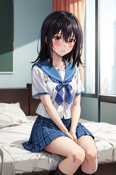 (SFW:1.5),, Pleated skirt, Long black hair, Big eyes, smile、Thick thighs,  Lie in,************、 bed, Open legs, barefoot、detalled, Spread your legs, Down the Out、、Short sleeve、Primary school students