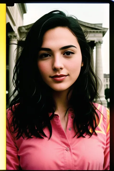 a portrait of black hair young woman, classical architecture,  smirk, close up, faded atmosphere, soothing tones, ((low contrast)), ((technicolor)), ((35mm)), ((super 8)),   <lora:galGadotLora_v10:0.8>