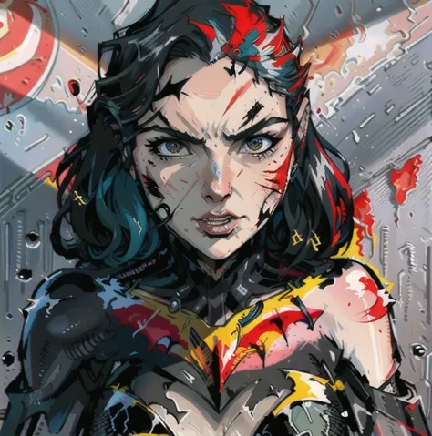 Batwoman without helmet, (a lot of blood splattered on face) , batman's logo on chest, portrait, oil paint, splash art, cover art, masterpiece, best quality, highly detailed, intricate, 8k, sharp focus, thunder, storm, epic scene, intense shadow, vfx dynamic angle, dynamic pose, by todd mcfarlane