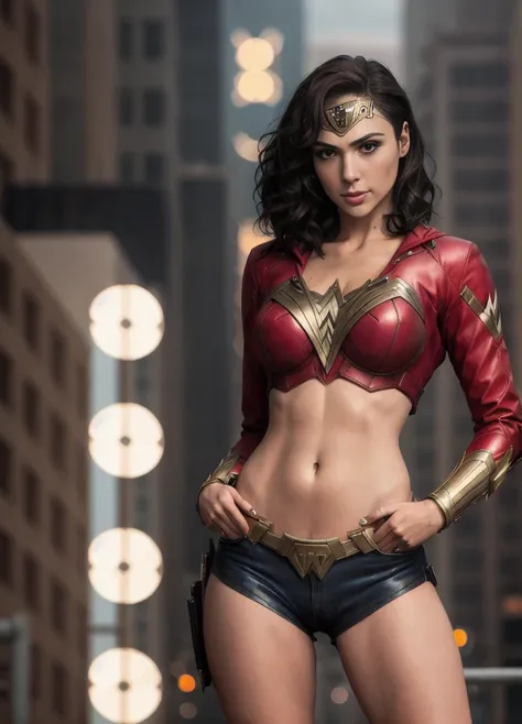 gldot,wonderwoman cosplay, highly detailed, artstation, smooth, sharp focus, 8K, georgia fowler, beautiful face, with short dark brown hair, in cyberpunk city at night, big breast,full body,long proportional legs, detailed legs, <lora:galGadotLora_v10:1>