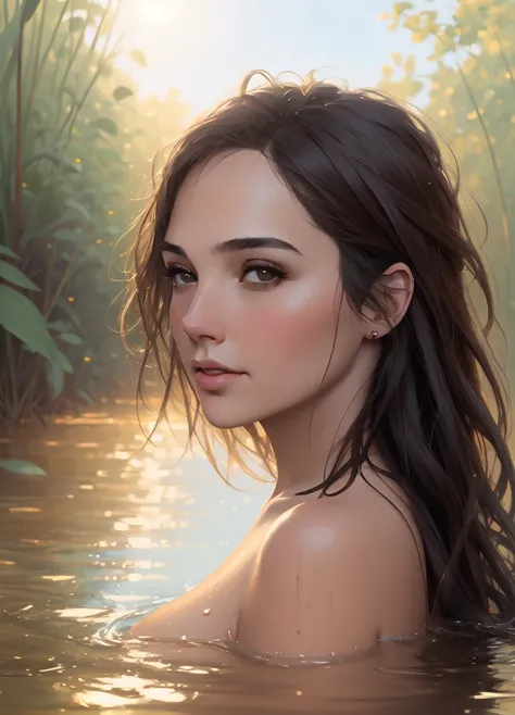 close up portrait of a cute woman (gldot) bathing in a river, reeds, (backlighting), realistic, masterpiece, highest quality, lens flare, shade, bloom, [[chromatic aberration]], by Jeremy Lipking, by Antonio J. Manzanedo, digital painting