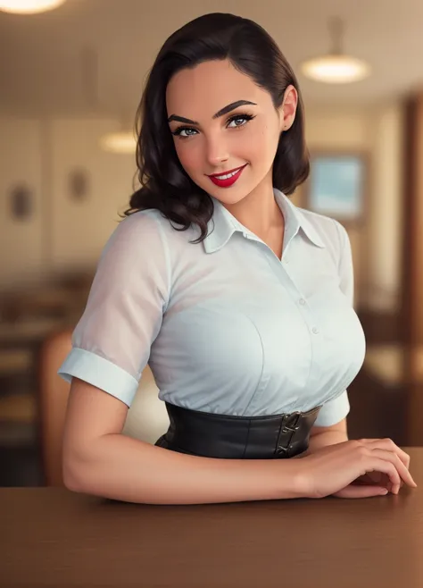 waist up portrait photo of (gldot), Environmental picture of a highly detailed of a (50s style pinup waitress:1.2) at a diner, smiling, (beautiful face:1.15), perfect sensual body, wearing waitress uniform, boots, dynamic pose, extremely detailed, intricate, hyper detailed, illustration, soft lighting, (specular lighting:1.4), hyperfocus, tonemapping, sharp focus, hyper detailed, detailed eyes, eyes focus, ultra realistic, 8k, Nikon Z FX