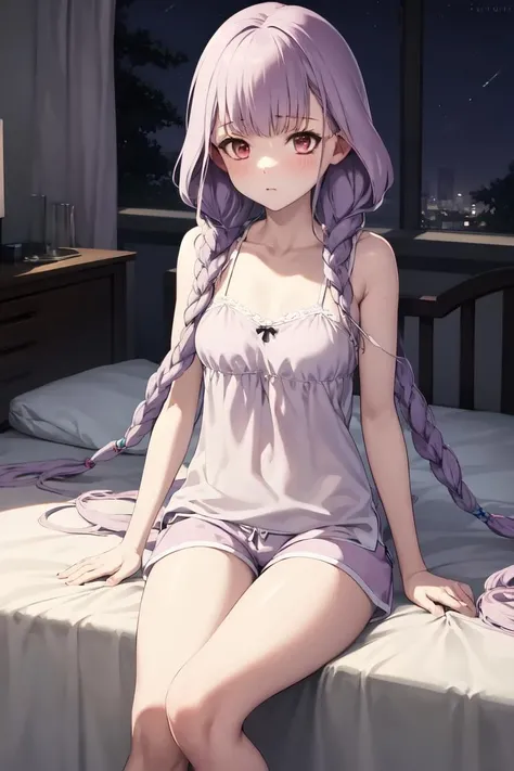 masterpiece, best quality, absurdres, perfect anatomy, 1girl, solo, HitotsuyanagiYuri, sleepwear, camisole, shorts, on bed, night, <lora:HitotsuyanagiYuri:1.0>