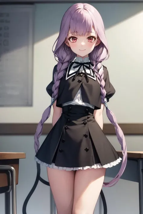 masterpiece, best quality, absurdres, perfect anatomy, 1girl, solo, HitotsuyanagiYuri, yurigaoka girls academy school uniform, smile, standing, classroom, arms behind back, <lora:HitotsuyanagiYuri:1.0>