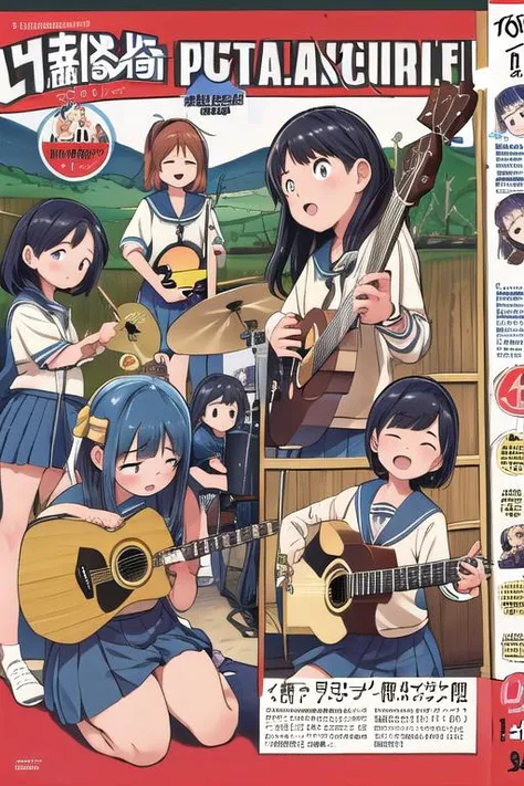 masterpiece, best quality,ultra detail, <lora:anmnr01:0.3> <lora:add_detail:0.4>,<lora:GoodHands-vanilla:0.7>,4girls,clubhouse ,sailor uniform<lora:Instruments:0.7>, acoustic guitar, electric guitar,(drums), singing,comic , <lora:Icy Cold Comics:0.4>comic_panel_layout