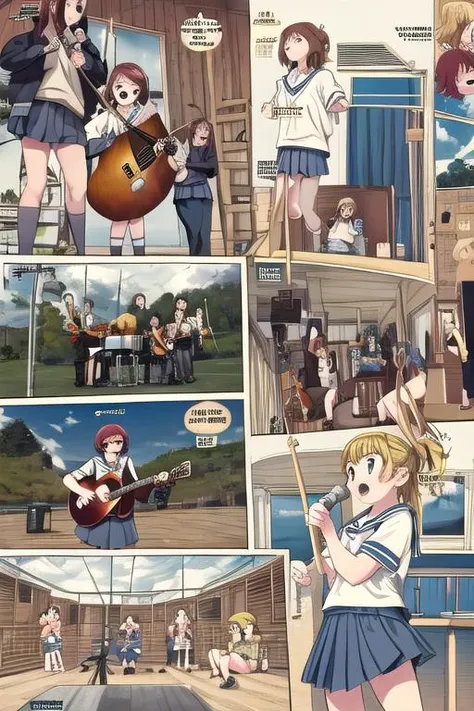 masterpiece, best quality,ultra detail, <lora:anmnr01:0.3> <lora:add_detail:0.4>,<lora:GoodHands-vanilla:0.7>,4girls,clubhouse ,sailor uniform<lora:Instruments:0.7>, acoustic guitar, electric guitar,(drums), singing,comic , <lora:Icy Cold Comics:0.4>comic_panel_layout