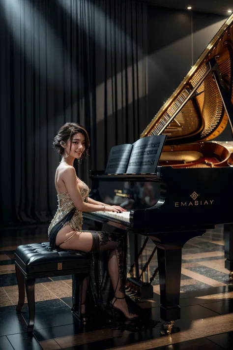 (realistic:1.3), finely detailed, quality, rembrandt lighting, (masterpiece:1.2), (photorealistic:1.2), (best quality), (detailed skin:1.3), (intricate details), dramatic, ray tracing, 1girl, japanese girl, 21 years old, detailed skin texture, (blush:0.5), (goosebumps:0.5), subsurface scattering, smiling, , short hair curls, bangs, hair between eyes, formal performance gown, sitting, from side, playing the grand piano, grand piano, (concert stage, concert hall),  <lora:Instruments:0.5>